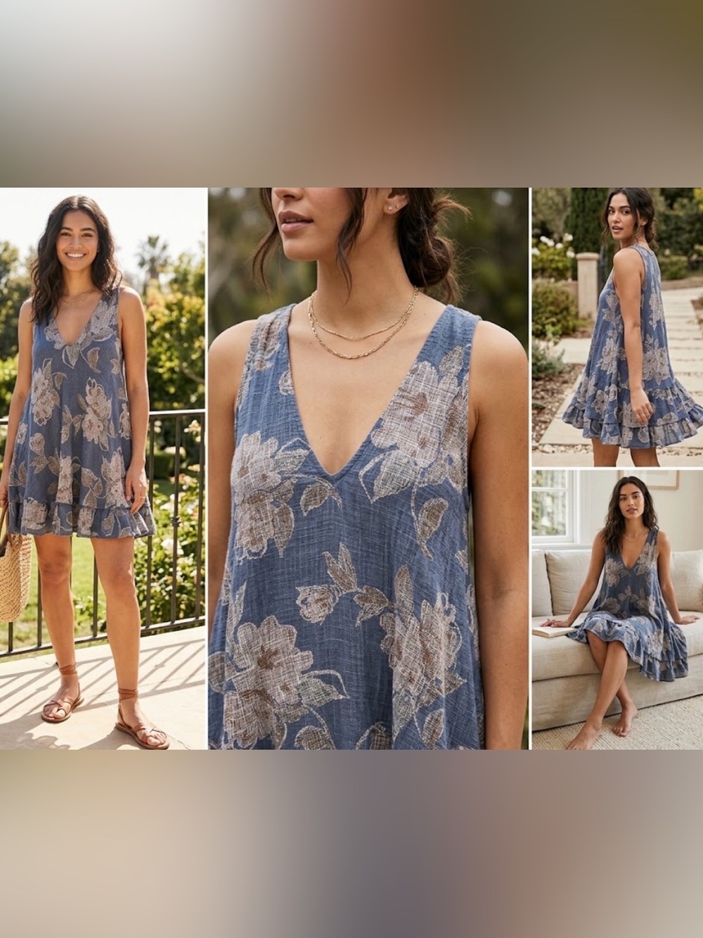 Sleeveless V-Neck Floral Swim Coverup in Dusty Blue